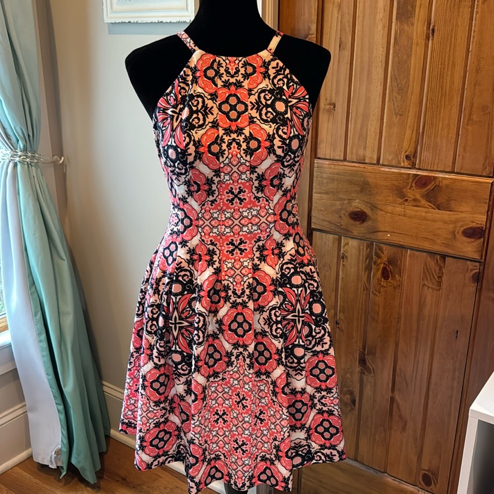 Vince Camuto Pink and Blue Patterned Halter Top Dress